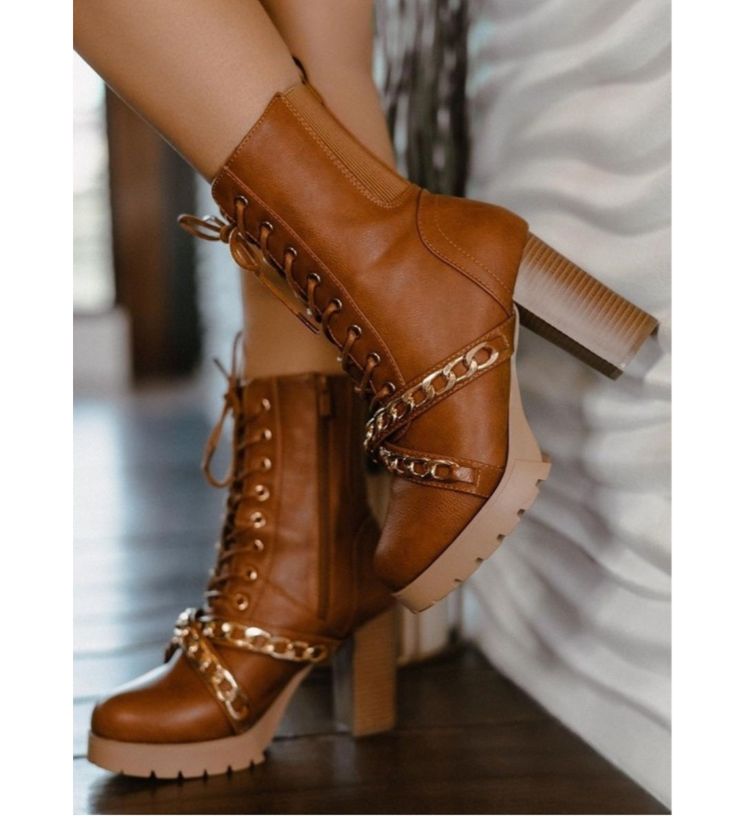 brown chunky heel booties